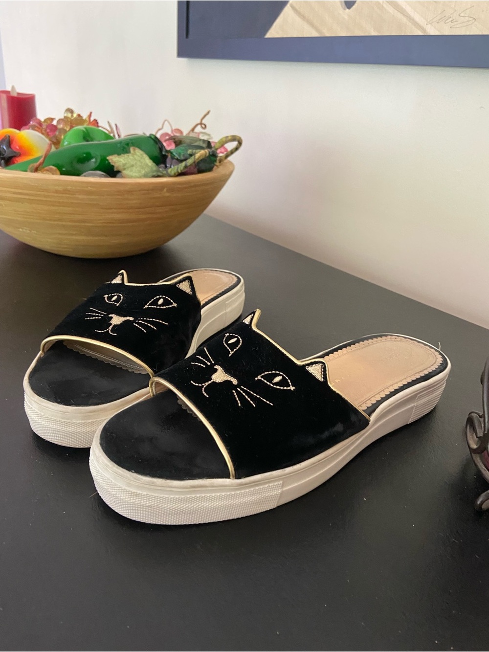 Charlotte Olympia Black Velvet Kitty 🐈‍⬛ platform slide 40.5 fit 9.5 best